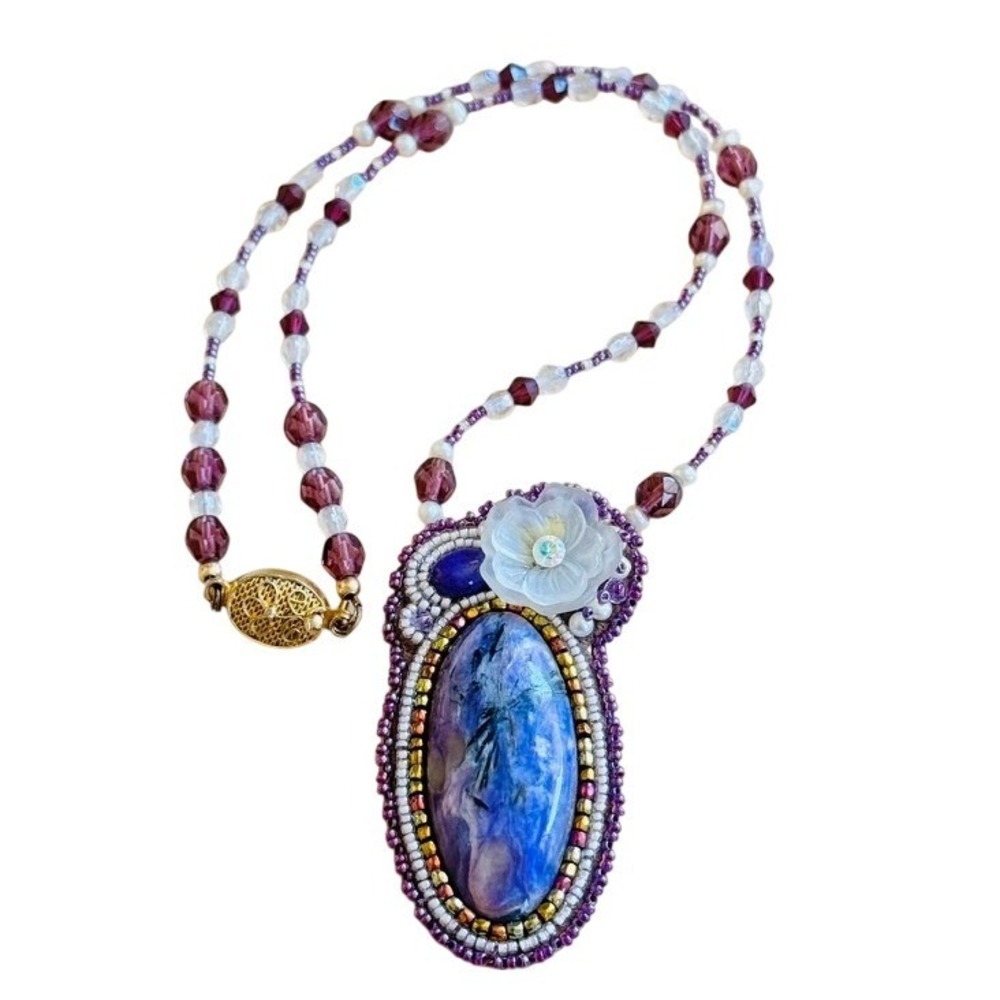Floral Regency Style Charoite Necklace VTG Crystal‎ Beaded Rhinestone Purple 17"